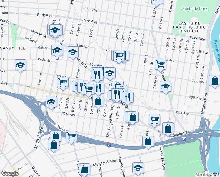 map of restaurants, bars, coffee shops, grocery stores, and more near 747 Market Street in Paterson