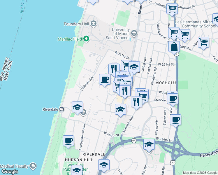 map of restaurants, bars, coffee shops, grocery stores, and more near 5700 Arlington Avenue in The Bronx