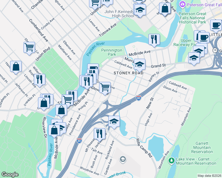 map of restaurants, bars, coffee shops, grocery stores, and more near 91 Glover Avenue in Paterson