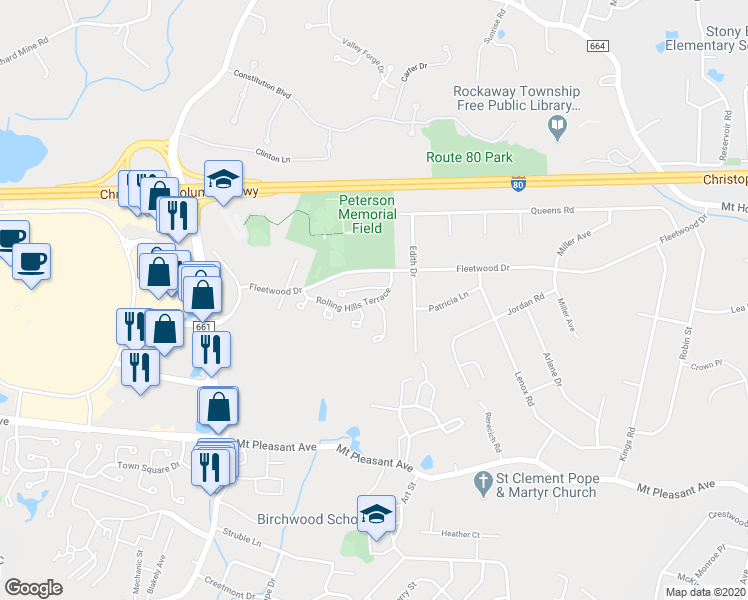 map of restaurants, bars, coffee shops, grocery stores, and more near 2 Laurelwood Court in Rockaway