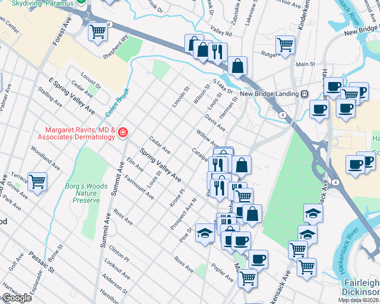 map of restaurants, bars, coffee shops, grocery stores, and more near 159 Krone Place in Hackensack