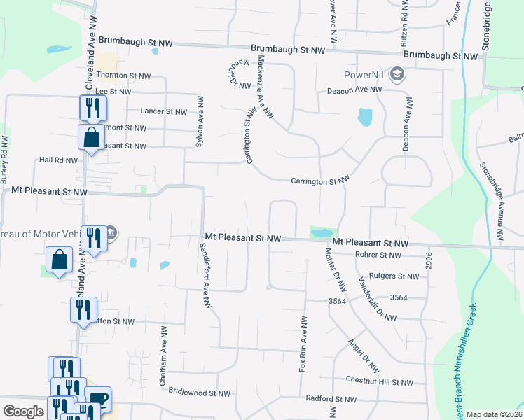 map of restaurants, bars, coffee shops, grocery stores, and more near 8362 Willowhurst Circle Northwest in North Canton