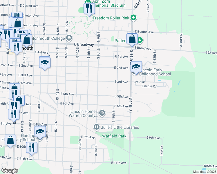 map of restaurants, bars, coffee shops, grocery stores, and more near 1000-1098 East 5th Avenue in Monmouth