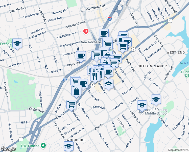 map of restaurants, bars, coffee shops, grocery stores, and more near 381 U.S. 1 in New Rochelle