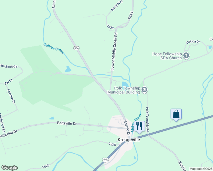 map of restaurants, bars, coffee shops, grocery stores, and more near 117 Lower Middle Creek Road in Kunkletown
