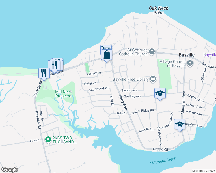 map of restaurants, bars, coffee shops, grocery stores, and more near 41 Highland View Drive in Bayville