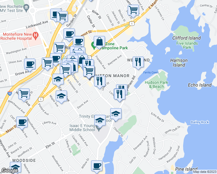 map of restaurants, bars, coffee shops, grocery stores, and more near 130 Locust Avenue in New Rochelle
