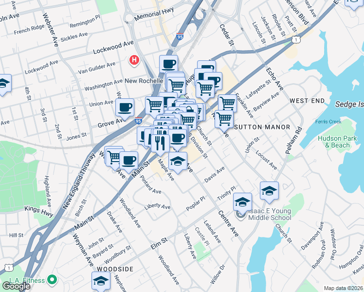 map of restaurants, bars, coffee shops, grocery stores, and more near 108 Centre Avenue in New Rochelle