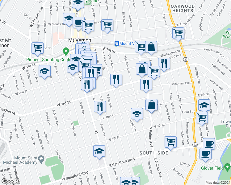 map of restaurants, bars, coffee shops, grocery stores, and more near 228 Union Avenue in Mount Vernon