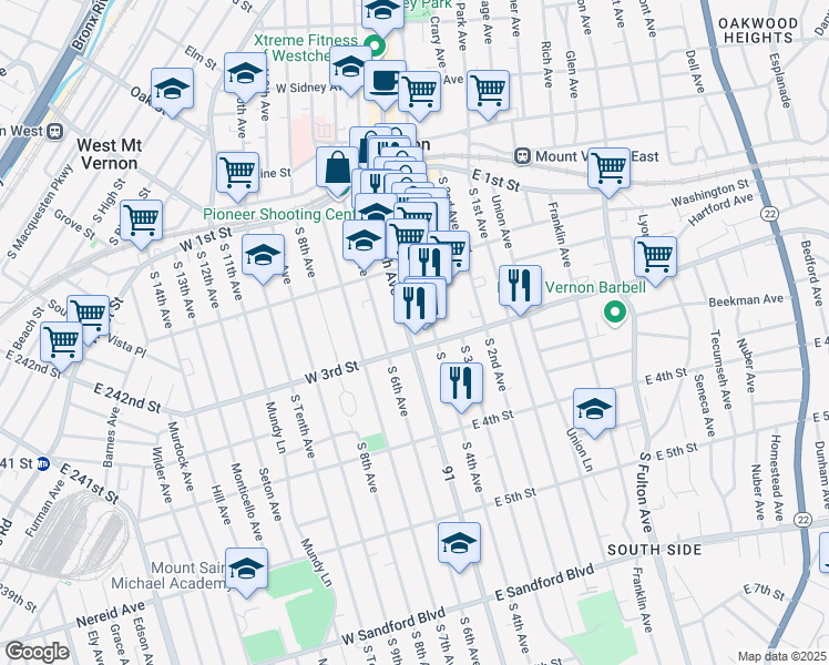 map of restaurants, bars, coffee shops, grocery stores, and more near 20 West 3rd Street in Mount Vernon