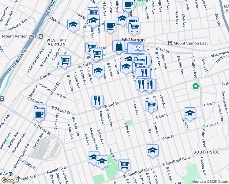 map of restaurants, bars, coffee shops, grocery stores, and more near 63 West 3rd Street in Mount Vernon