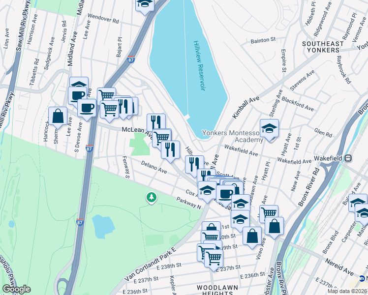 map of restaurants, bars, coffee shops, grocery stores, and more near 73 King Avenue in Yonkers