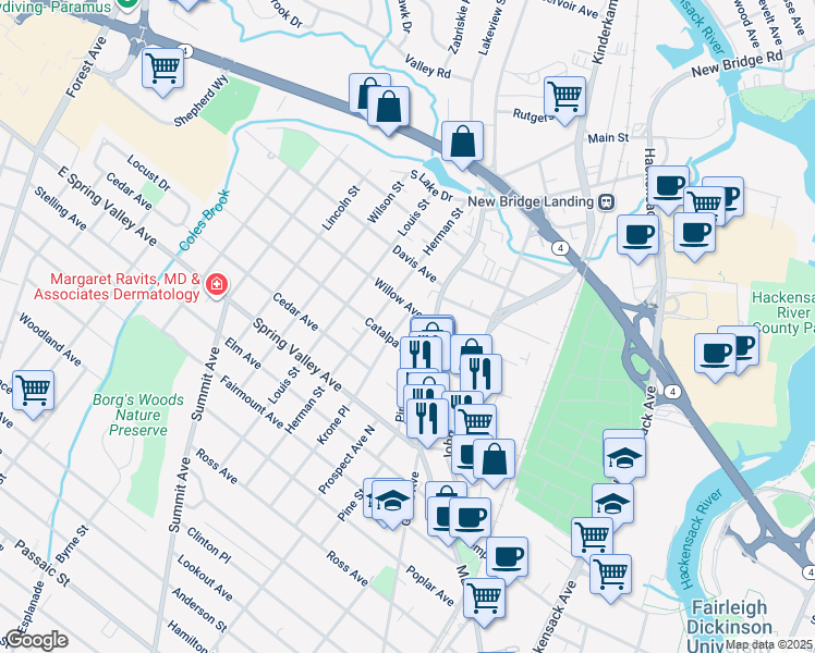 map of restaurants, bars, coffee shops, grocery stores, and more near 28 Catalpa Avenue in Hackensack