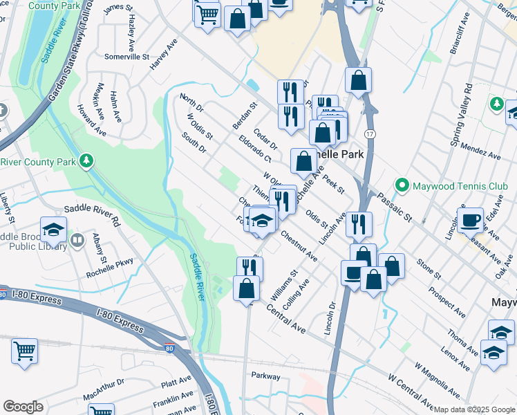 map of restaurants, bars, coffee shops, grocery stores, and more near 19 Chestnut Street in Rochelle Park