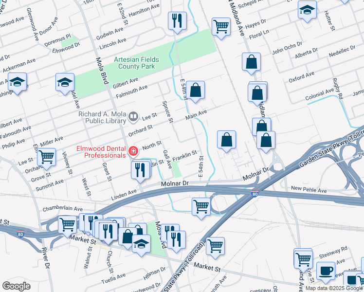 map of restaurants, bars, coffee shops, grocery stores, and more near 171 Franklin Street in Elmwood Park
