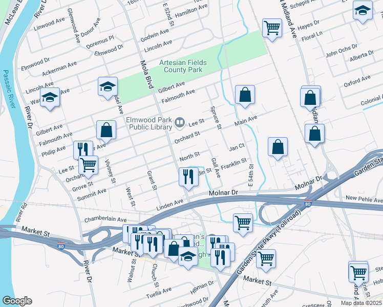 map of restaurants, bars, coffee shops, grocery stores, and more near 68 North Street in Elmwood Park