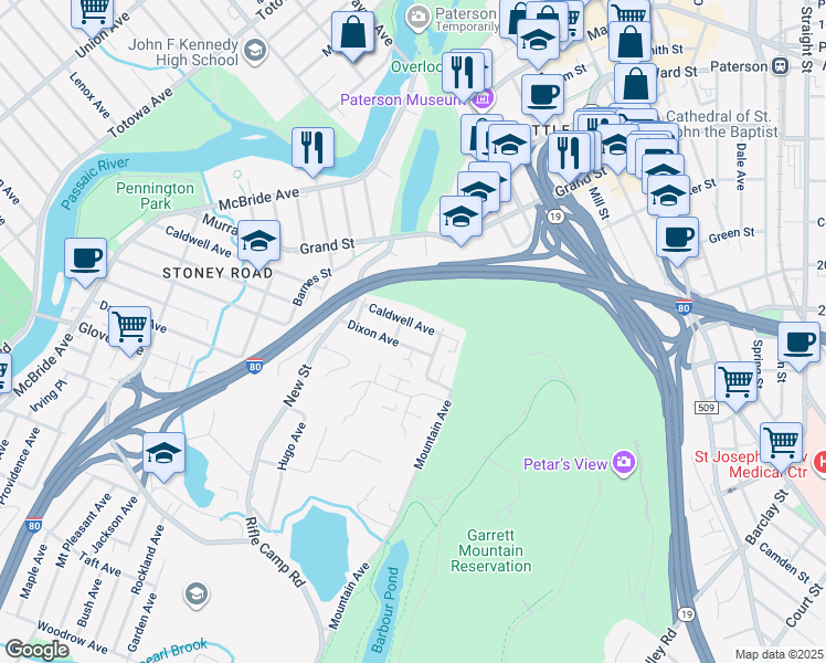 map of restaurants, bars, coffee shops, grocery stores, and more near 74 Garret Street in Paterson