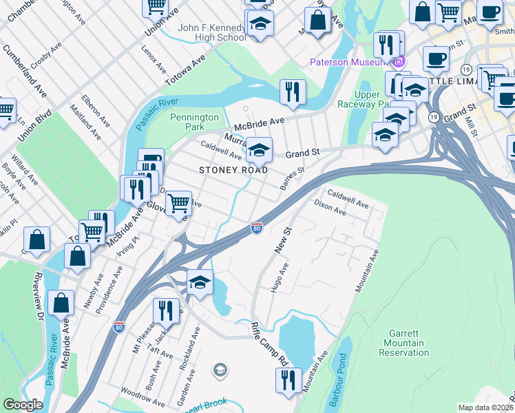 map of restaurants, bars, coffee shops, grocery stores, and more near 173 Ramsey Street in Paterson