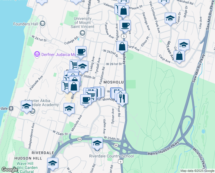 map of restaurants, bars, coffee shops, grocery stores, and more near 259 West 259th Street in Bronx