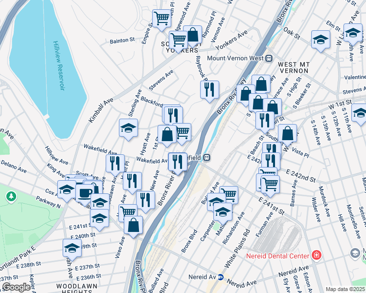 map of restaurants, bars, coffee shops, grocery stores, and more near 167 Bronx River Road in Yonkers