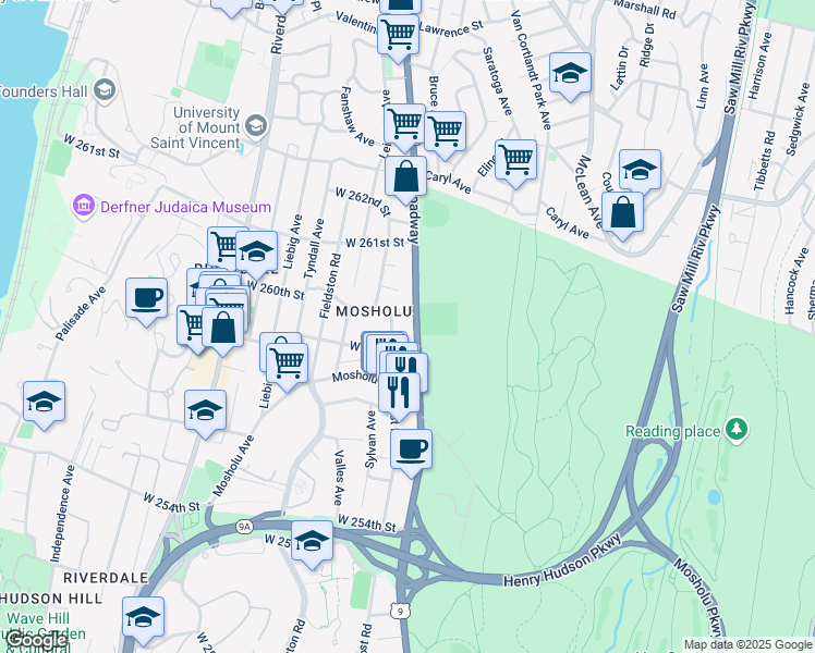 map of restaurants, bars, coffee shops, grocery stores, and more near 5900 Post Road in Bronx