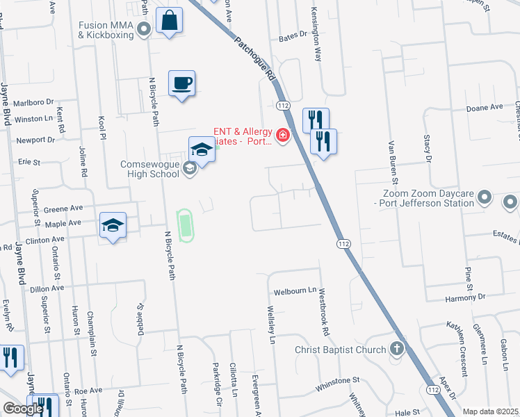map of restaurants, bars, coffee shops, grocery stores, and more near 129 Glen Hollow Drive in Port Jefferson Station