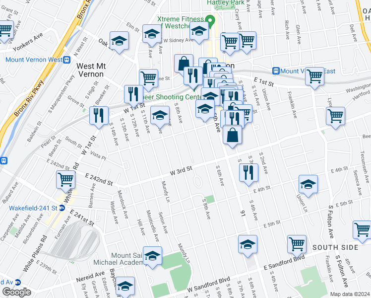 map of restaurants, bars, coffee shops, grocery stores, and more near 130 South 8th Avenue in Mount Vernon
