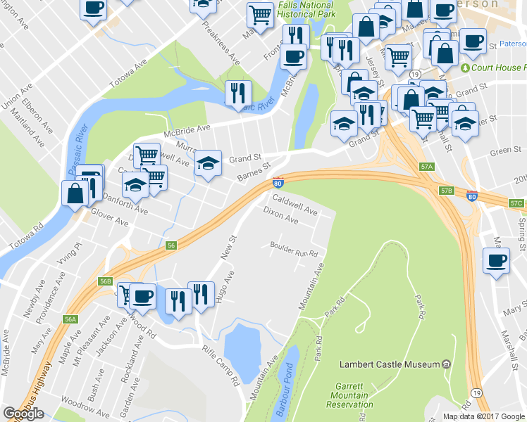 map of restaurants, bars, coffee shops, grocery stores, and more near 254 Dixon Avenue in Paterson
