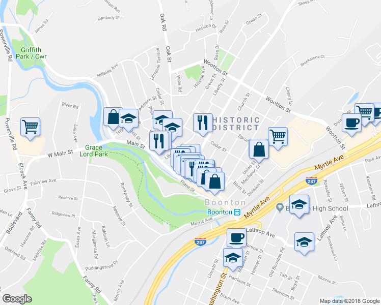 map of restaurants, bars, coffee shops, grocery stores, and more near 709 Birch Street in Boonton