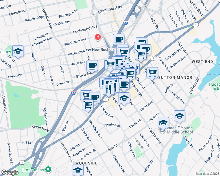 map of restaurants, bars, coffee shops, grocery stores, and more near 360 Huguenot Street in New Rochelle
