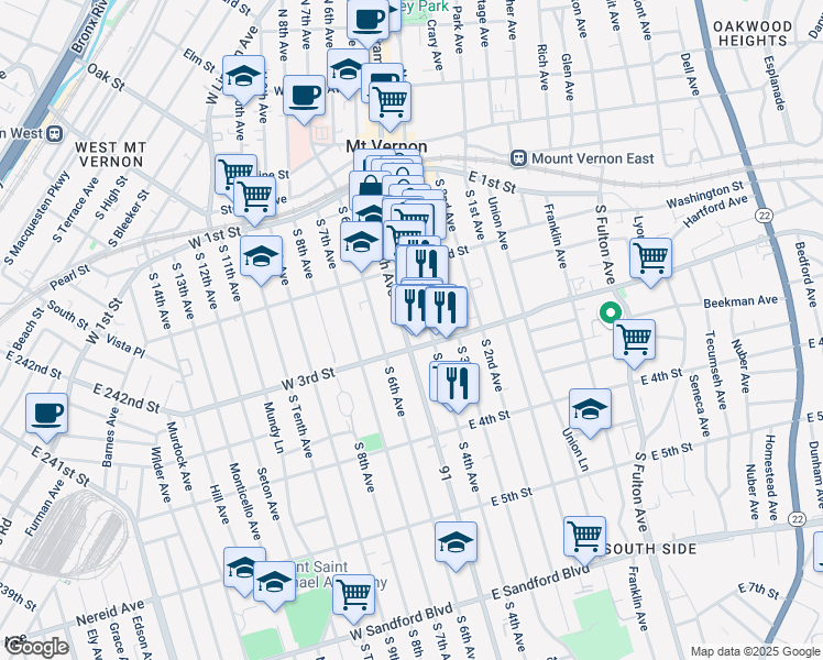 map of restaurants, bars, coffee shops, grocery stores, and more near 20 West 3rd Street in Mount Vernon