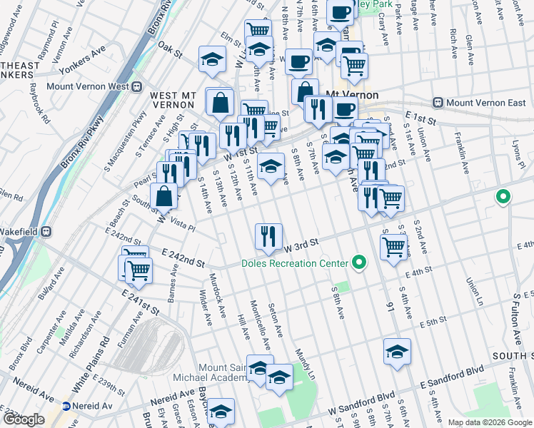 map of restaurants, bars, coffee shops, grocery stores, and more near 133 South 11th Avenue in Mount Vernon