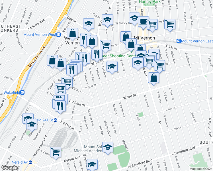 map of restaurants, bars, coffee shops, grocery stores, and more near 126 South 12th Avenue in Mount Vernon
