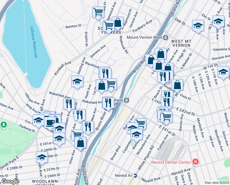 map of restaurants, bars, coffee shops, grocery stores, and more near 167 Bronx River Road in Yonkers