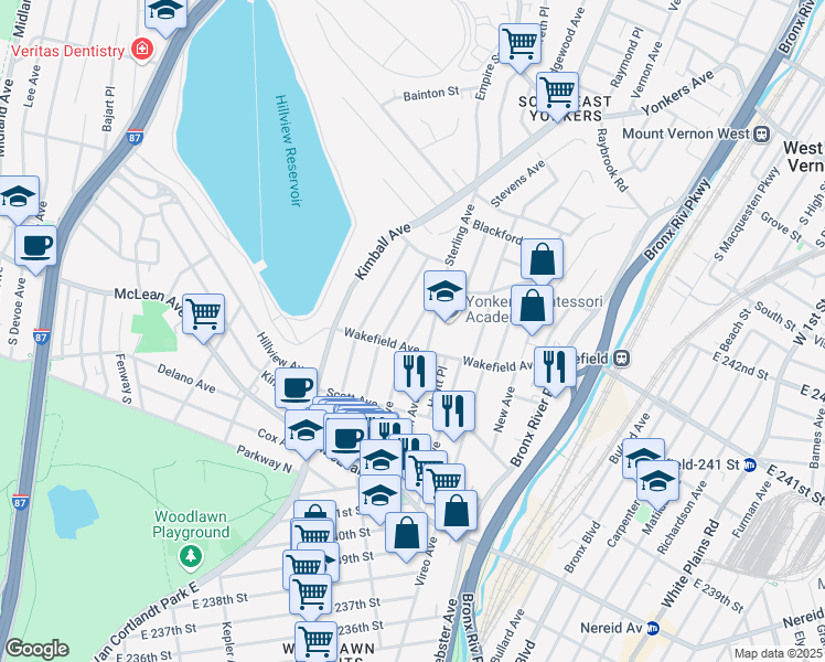 map of restaurants, bars, coffee shops, grocery stores, and more near 160 Woodlawn Avenue in Yonkers