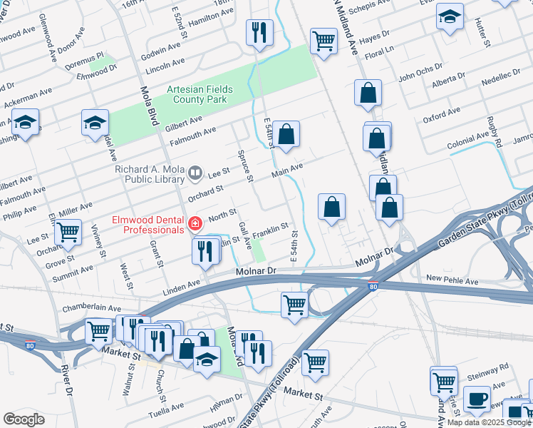 map of restaurants, bars, coffee shops, grocery stores, and more near 171 Franklin Street in Elmwood Park