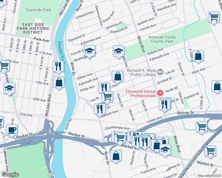 map of restaurants, bars, coffee shops, grocery stores, and more near 70 Lee Street in Elmwood Park