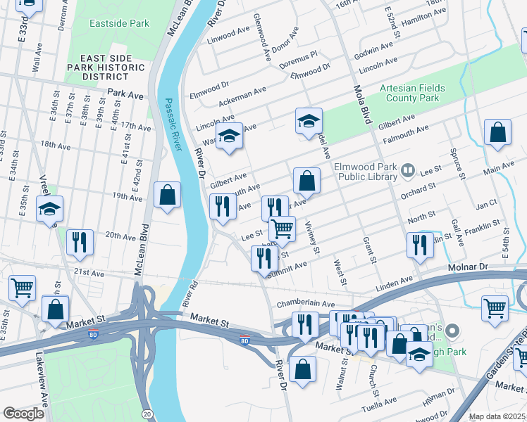 map of restaurants, bars, coffee shops, grocery stores, and more near 43 Lee Street in Elmwood Park