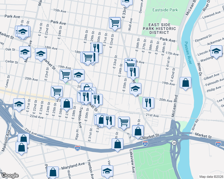 map of restaurants, bars, coffee shops, grocery stores, and more near 598 20th Avenue in Paterson