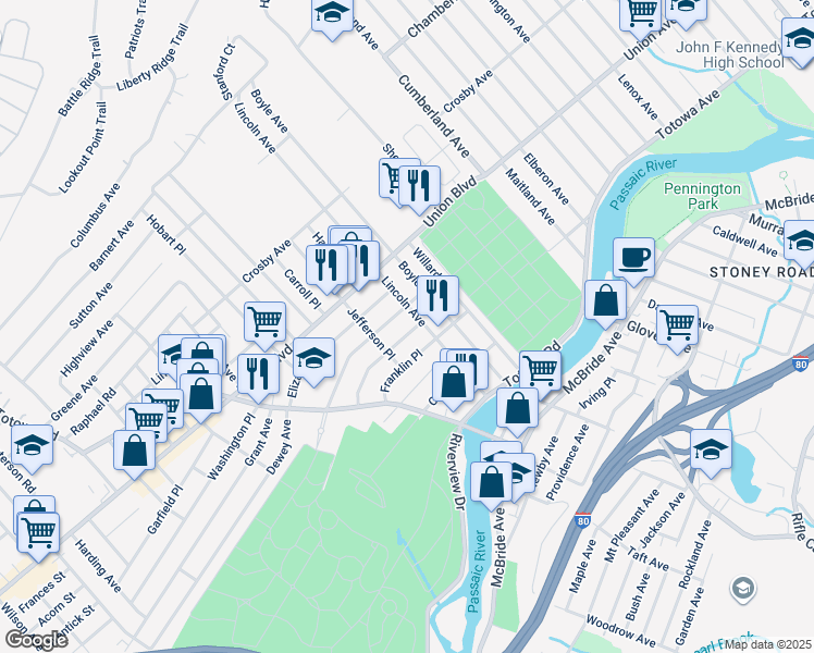 map of restaurants, bars, coffee shops, grocery stores, and more near 32 Scrivens Street in Totowa