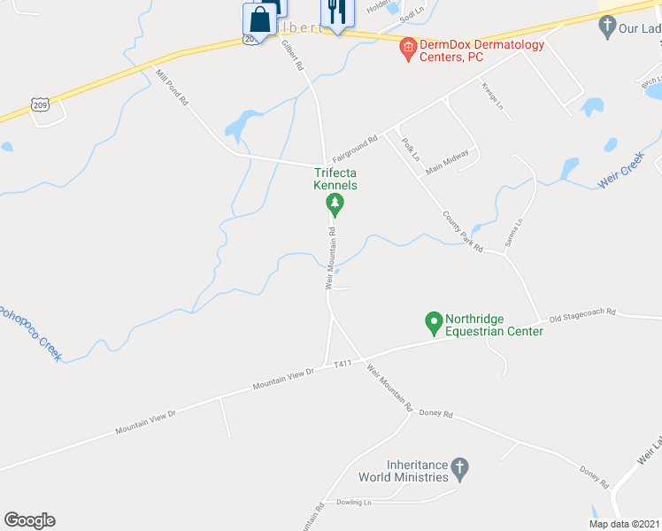 map of restaurants, bars, coffee shops, grocery stores, and more near Weir Mountain Road in Monroe County