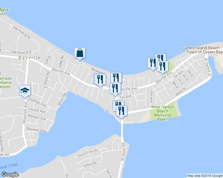 map of restaurants, bars, coffee shops, grocery stores, and more near 262 Bayville Avenue in Bayville