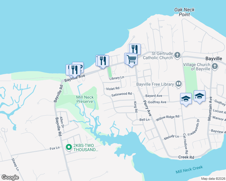 map of restaurants, bars, coffee shops, grocery stores, and more near 6 Satinwood Road in Bayville