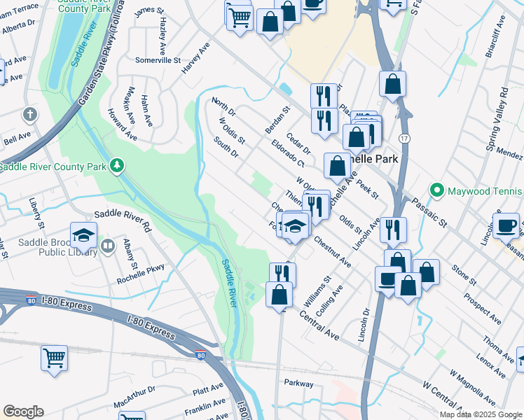 map of restaurants, bars, coffee shops, grocery stores, and more near 49 Forest Place in Rochelle Park
