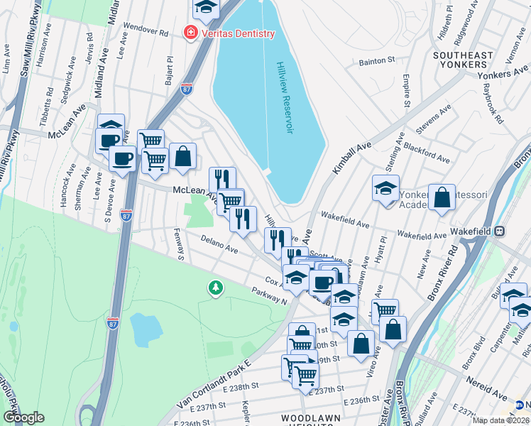 map of restaurants, bars, coffee shops, grocery stores, and more near 65 Harding Avenue in Yonkers