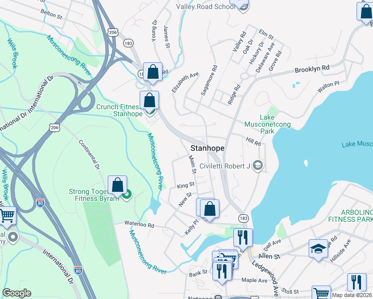 map of restaurants, bars, coffee shops, grocery stores, and more near 6 Bell Street in Stanhope