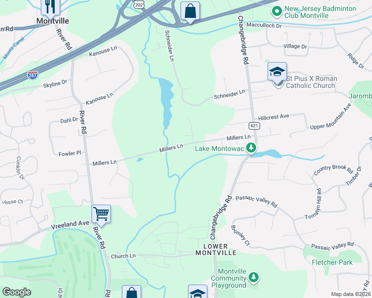 map of restaurants, bars, coffee shops, grocery stores, and more near 29 Millers Lane in Montville