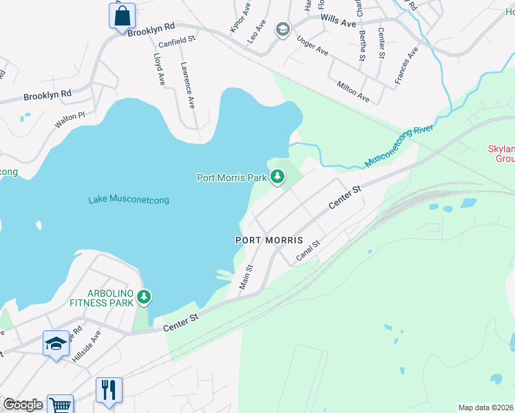 map of restaurants, bars, coffee shops, grocery stores, and more near 2 Lake Street in Roxbury Township