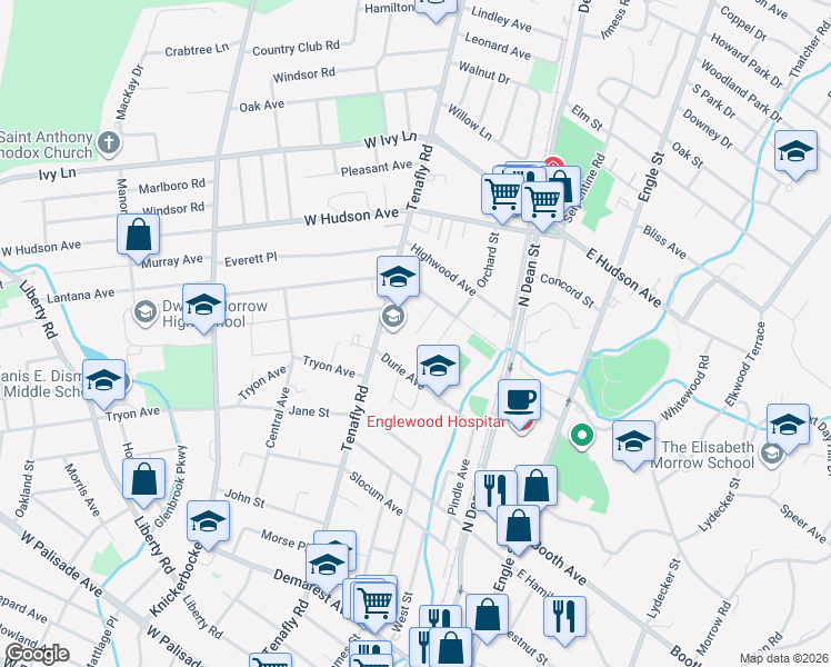 map of restaurants, bars, coffee shops, grocery stores, and more near 100 Highland Street in Englewood