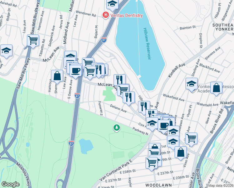 map of restaurants, bars, coffee shops, grocery stores, and more near 776 McLean Avenue in Yonkers